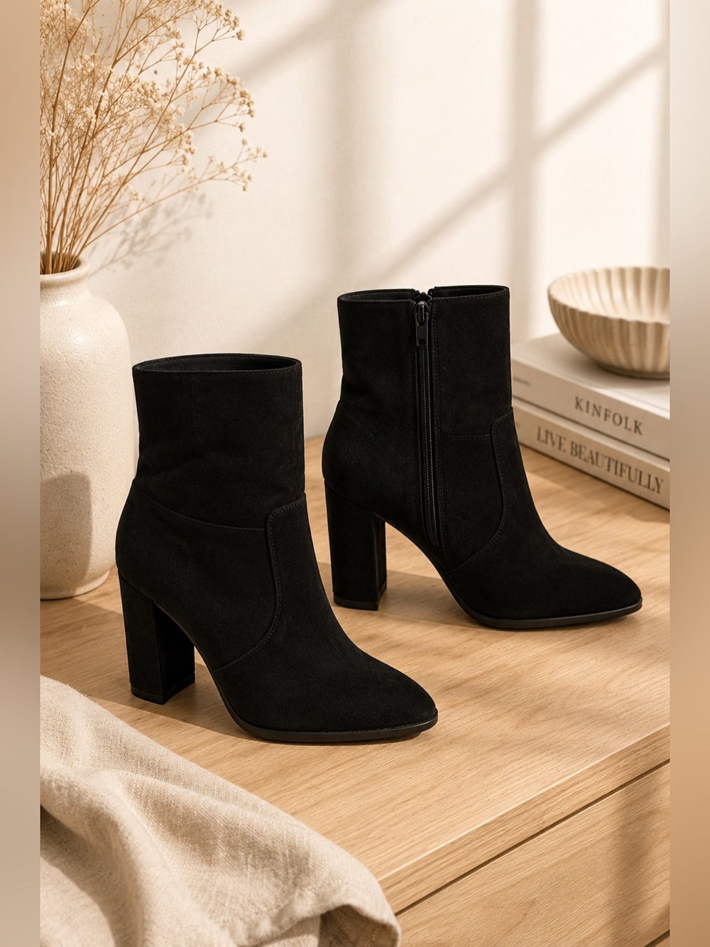 Chic Black Suede Heeled Boots